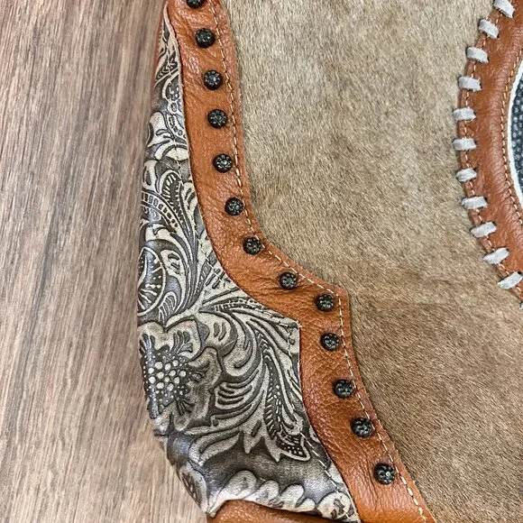 Myra Bag Brown Cow Hide Leather Turquoise Boho Western Large Crossbody Tote - Picture 3 of 14